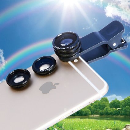 New Clip Lens Apexel 3 in 1 Phone Lens Kit 180 Degree Fisheye  065x Supreme Wide Angle  10x Macro Lens for Iphone 66s 66s Plus 55s Samsung Galaxy S6 S5 S4 Note 5 4 3 Phones Tablets Black