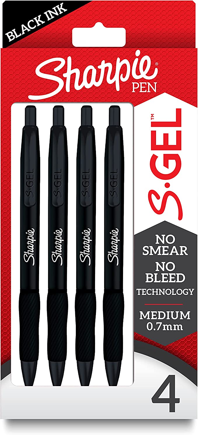 Sharpie S-Gel, Gel Pens, Sleek Metal Barrel, Matte Black, Medium Point (0.7mm), Black Ink, 4 Count