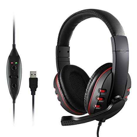USB Wired Gaming Headsets, JAMSWALL Gaming Headphones with Noise-canceling Mic Volume Control, Over-Head Stereo Headphone, for PS3 PS4 Tablet Laptop PC Computer Gamers (Black)