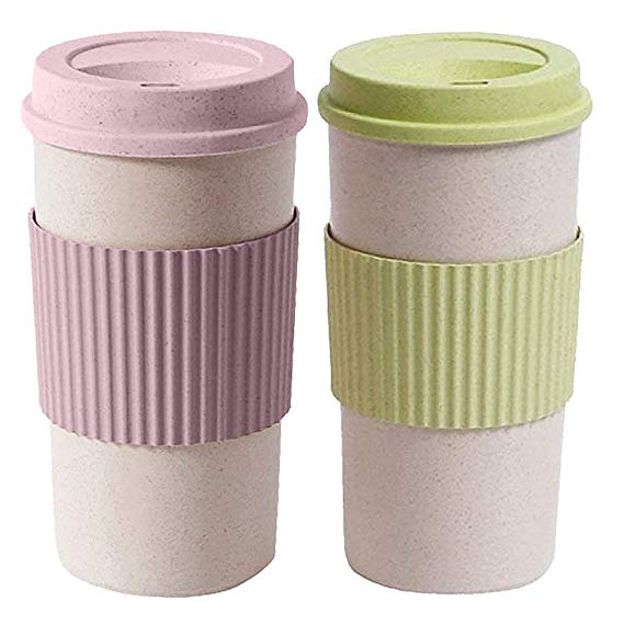 MyLifeUNIT Reusable Coffee Travel Mug with Lids, 15 Oz Bamboo Fiber Beverage Cup (Pack of 2)