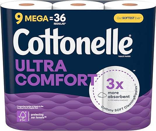 Cottonelle Ultra Comfort Toilet Paper, 9 Mega Rolls (9 Mega Rolls = 36 Regular Rolls), 244 Sheets per Roll, Packaging May Vary