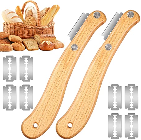 2 Pieces Bread Lame Wooden Handle Bread Lame Dough Scoring Tool Lame Slashing Tool with Protective Sleeve and 10 Pieces Replaceable Blades for Kitchen Baking