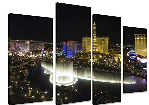 Multi Split Panel Canvas Artwork Art - Las Vegas Eiffel Tower And Bellagio Fountains At Night Lights Black Sky America - ART Depot OUTLET - 4 Panel - 101cm x 71cm (40"x28")