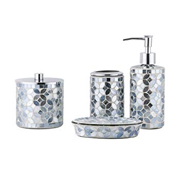 Whole Housewares Bathroom Accessories Set, 4-Piece Glass Mosaic Bath Accessory Completes with Lotion Dispenser/Soap Pump, Cotton Jar, Soap Dish, Toothbrush Holder (Blue Ink)