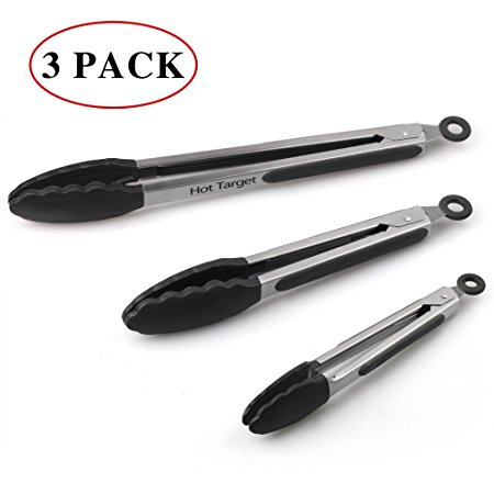 Set of 3 - 7,9,12 Inch, Heavy Duty, Non- Stick, Stainless Steel Silicone Kitchen Tongs (pack of 3, black)