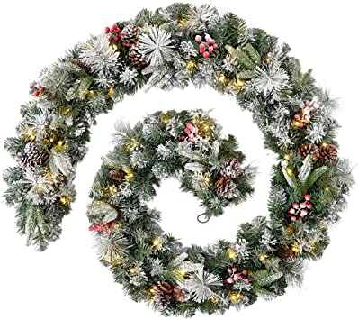 WeRChristmas Extra Thick Pre-Lit Mixed Pine Snow Flocked Garland with Cones and Berries with 80-LED, White/Green, 9 feet