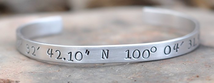 Location, Latitude longitude hand stamped bracelet cuff – Coordinates – customized and personalized