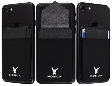 Flap Stick on wallet Card Holder, MONCA FLAP Ultra-slim Credit Card Wallet Stretchy Lycra with Secure Flap [Universal] fits most Cell Phones & Cases (Black)