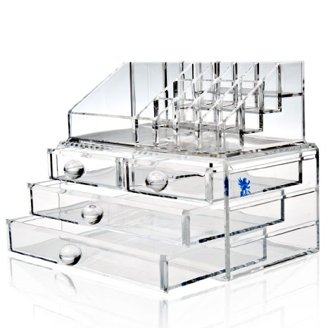 HampS Acrylic Clear Make up Organiser Cosmetic Box - 4 Drawers - L