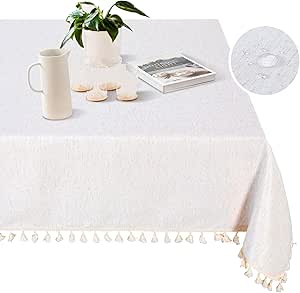 MYSKY HOME Table Cloth 60x84 in Rectangle Table, Heavy Duty Cotton Tassel Linen Look Waterproof Tablecloths Farmhouse Tablecloth, Wrinkle Free Table Cover with Beige Tassels for Kitchen Dining, Party