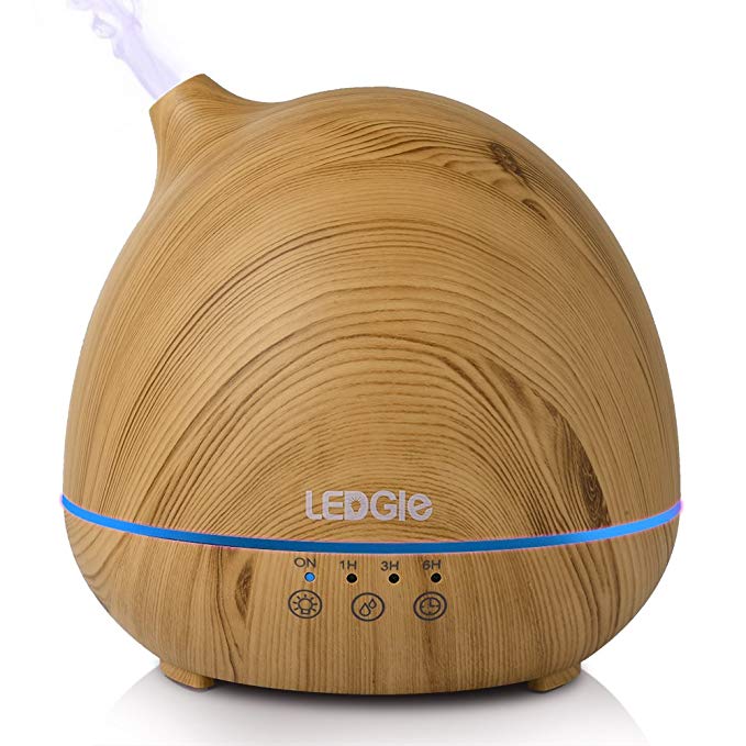 LEDGLE 400ml Cool Mist Humidifier Essential Oil Diffuser Elegant Ultrasonic Humidifiers with 3 Timer Set, Adjustable Mist, Colorful LED Light, Auto Shut-Off Function, Wood Grain