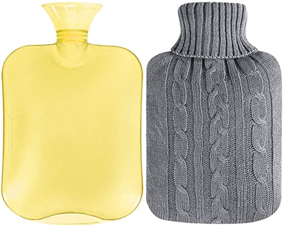 Premium Classic Rubber Hot Water Bottle, Transparent Hot Water Bag 2 Liter with Grey Knit Cover