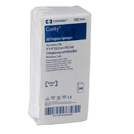 Covidien 9134 Curity Non-Woven All-Purpose Sponge, Non-Sterile, 4" x 4", 3-ply (Pack of 200)