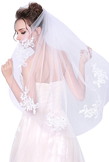 Deceny CB Wedding Veil Lace White Bridal Veil with Rhinestones 1 Tier