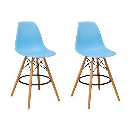 Mod Made Mid Century Modern Armless Paris Tower Barstool Chair with Natural Wood Legs for Bar or Kitchen- Blue (Set of 2)