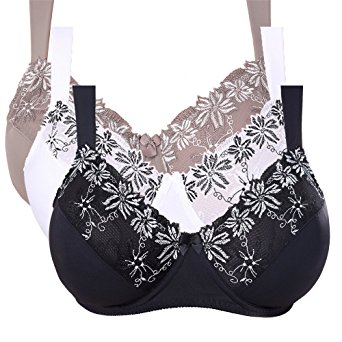 Curve Muse Plus Size Minimizer Underwire Bra With Embroidery Lace-3Pack