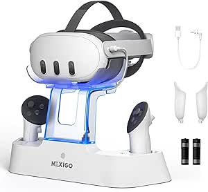 NexiGo Enhanced Charging Dock with LED Light [On/Off] for Oculus Quest 3, [Support Elite Strap with Battery], Headset Display Holder and Controller Mount, Rechargeable Batteries, White