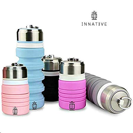 Innative Collapsible Water Bottle Travel-Friendly Leak Proof, BPA-Free, Temperature Resistance with Aluminum Alloy Hook for Compact Storage, Portable and Convenient 14 oz.