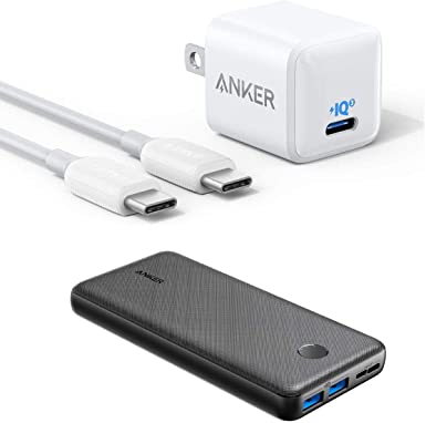 Anker 18W PIQ 3.0 Fast Charger Adapter with 3ft USB-C to USB-C Cable and Anker Portable Charger, PowerCore Essential 20000mAh Power Bank with USB-C (Input Only)