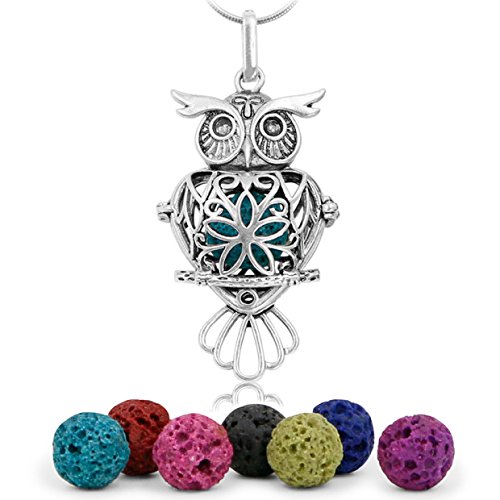 Maromalife Premium Owl Lava Stone Aromatherapy Essential Oil Diffuser Necklace Locket Pendant Gift Set with 24" Chain and Multi-Colored Beads [Classical]