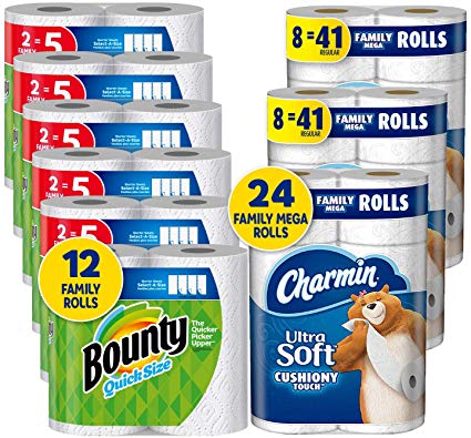 Charmin Ultra Soft Cushiony Touch Toilet Paper, 24 Family Mega Rolls and Bounty Quick-Size Paper Towels,12 Family Rolls, Bundle