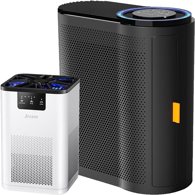 AROEVE 20dB Quiet Air Purifiers (MK06-White) and Air Purifiers(MK04-Black) with Air Quality Sensors Combo For Pet Smoke Pollen Dander Hair Smell Air Cleaner For Bedroom Office Living Room Kitchen