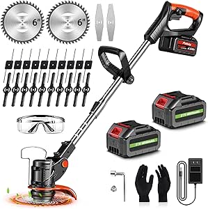 Cordless Weed Wacker, Electric Weed Eater Battery Powered with 2X 21V 4.0Ah Batteries, Charger & 4 Types of Blades, Stringless Grass Trimmer/Lawn Edger/Brush Cutter for Yard