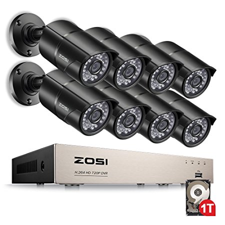 ZOSI 8CH HD-TVI 1080N Video CCTV DVR Security System w/ 8pcs 1.0 Megapixel 720P Indoor outdoor Bullet Cameras 65ft(20m) Night Vision,Smartphone Remote view,1TB (BLACK)