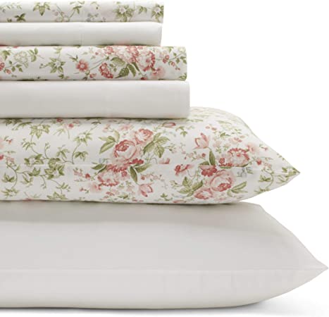 Laura Ashley Home | Percale Collection | 6-Piece Percale Weave Sheet Set - 100% Cotton Bedding - Cool, Crisp, and Breathable, King, Marissa Coral