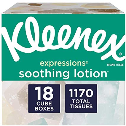 Kleenex Expressions Soothing Lotion Facial Tissues with Aloe & Vitamin E, 18 Cube Boxes, 65 Tissues per Box, (65 Count (Pack of 18)) (1,170 Tissues Total)