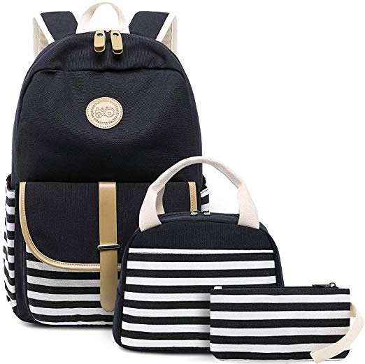 BLUBOON Canvas Bookbags School Backpack Laptop Schoolbag for Teens Girls High School (Stripe Black-8893 New)