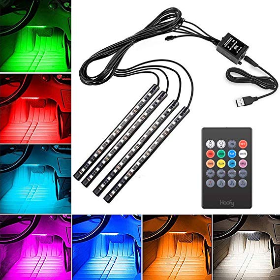 Haofy Car Interior Lights, 4pcs 48LED Multicolor Car LED Strip Light, Decorative LED Lighting Kit with Sound Active Function, Wireless Remote Control and Smart USB Port (8 Colors)