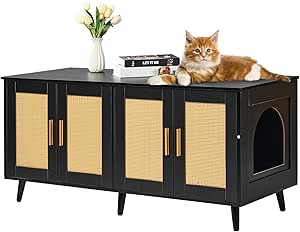 VEVOR Cat Litter Box Enclosure for 2 Cats, Litter Box Furniture Hidden with Rattan Decorated Doors, Wooden Cat Box Cabinet Fit Most of Litter Box, 47.2" L x 19.7" W x 21.7" H, Black