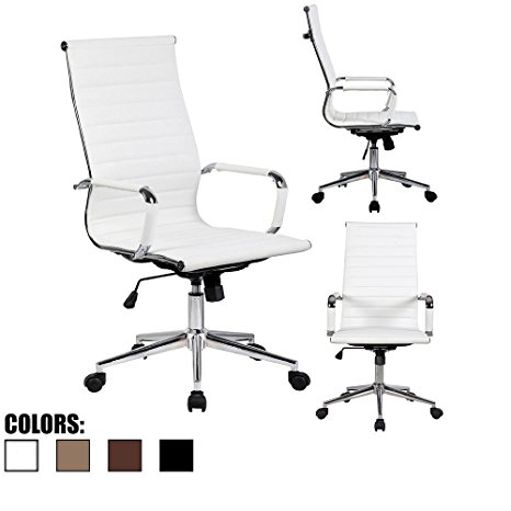 2xhome - White - Eames Modern High Back Tall Ribbed PU Leather Swivel Tilt Adjustable Chair Designer Boss Executive Management Manager Office Conference Room Work Task Computer ?