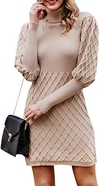 Simplee Women's Turtleneck Puff Sleeve Knitted Bodycon Mini Pullover Sweater Dress