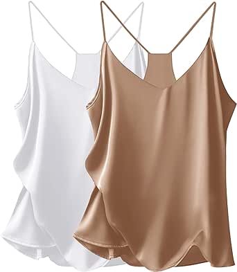 Ekouaer Womens Satin Cami Tops 2 Pack V Neck Blouse Spaghetti Strap Silk Camisole Tank Top