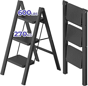 JOISCOPE 3 Step Ladder With Anti Slip Wide Treads Step Stool, 270 KG Load Capacity Lightweight Folding Step Ladder, Portable Step Stool, Indoor/Outdoor Multifunctional Safety Household Ladder, Black