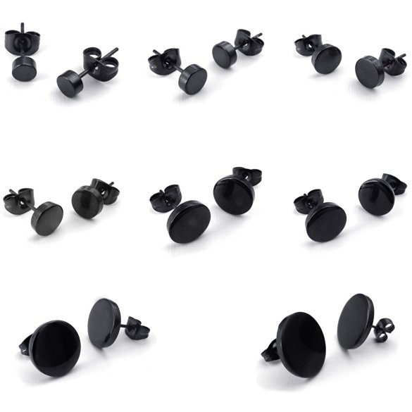 KONOV Mens Stainless Steel 3-14mm 8 Pairs Charm Elegant Stud Earrings Set, Black