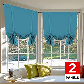 H.VERSAILTEX Blackout Energy Saving Thermal Insulated Tie Up Curtain for Small Window Home Fashion Window Treatment Solid Pattern Rod Pocket Panels for Kitchen, 2 Panels, Turquoise Blue