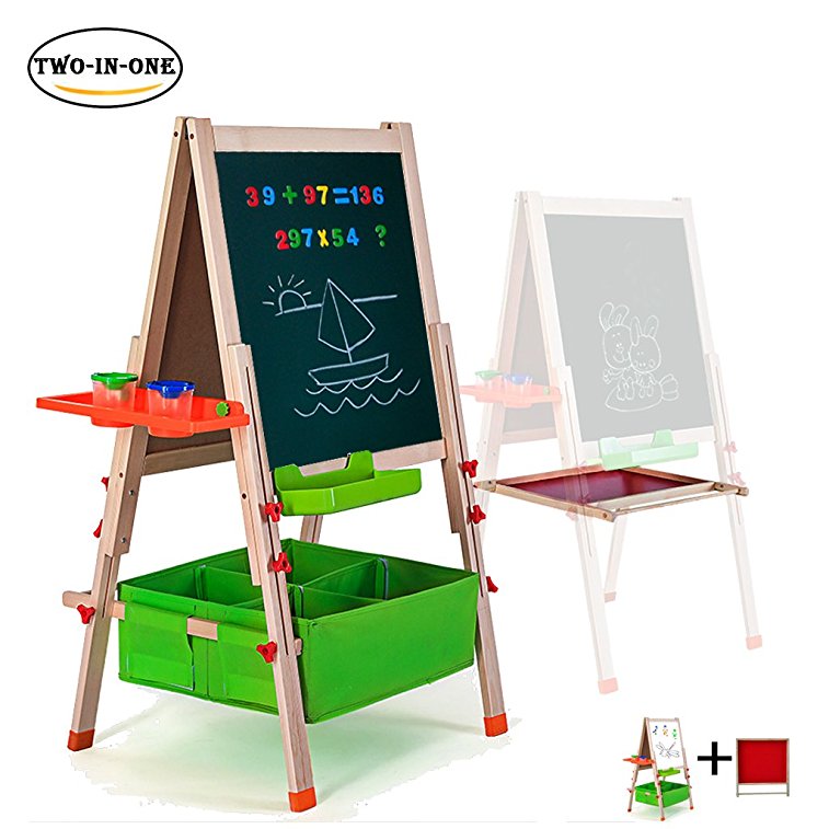 Deluxe Easel for Kids,Gimilife Folding Wooden Art Easel with Chalkboard, Whiteboard, and Storage Bins or Tray, Standing Easel with Magnetic Letters for Early Education (Wood, Fit for 2-12 Years Old)