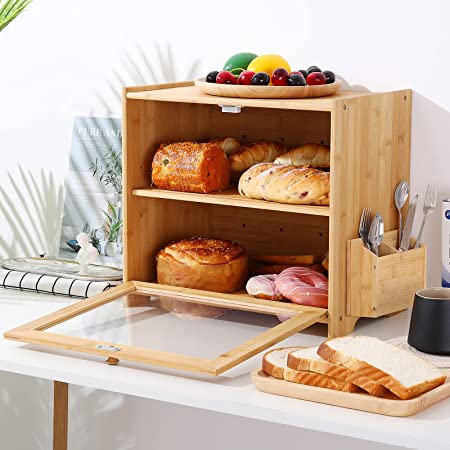 Ollieroo Extra Large Bamboo Bread Box for Kitchen Countertop, 2 Layer Bread Storage Container W/Cutting Board Bread Holder