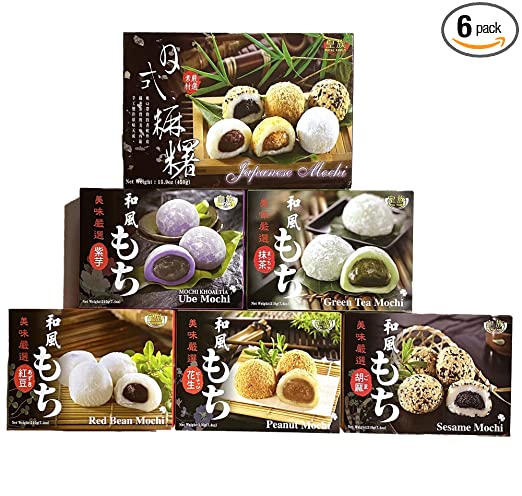 Japanese Mochi Daifuku Variety Pack (45CT): Assorted Mochi, Red Bean, Ube, Peanut, Sesame, Green Tea. Total of 6 Count Packed in Unha’s Asian Snack Gift Pack