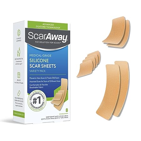 ScarAway Advanced Skincare Silicone Scar Sheets, Medical Grade Variety Pack Silicone Strips, No 1 Recommended Treatment for Surgical, Burn, Body, Acne, Hypertrophic & Keloid Scars, 8 Reuseable Sheets
