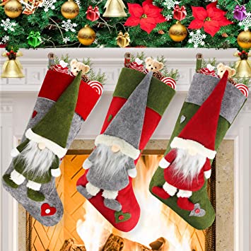 Dreampark Christmas Stockings, Big Xmas Stockings Decoration - 18" 3D Plush Swedish Gnome Stocking for Home Decor Set of 3