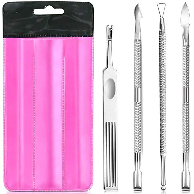 Teenitor 4 PCS Cuticle Pusher and Cutter Set, Triangle Nail Polish Remover Scraper, Nail Cleaner Fork, Cuticle Remover, Professional Stainless Steel Pedicure Manicure Tool