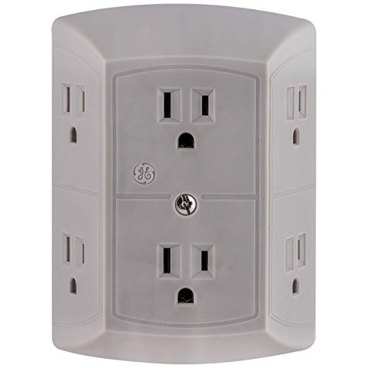 GE 6 Wall Plug Adapter Power Strip, Extra Wide Spaced, 3 Prong, Multi Outlets, Quick & Easy Install, for Home Office, Grey, 45200, 1 Pack, Gray
