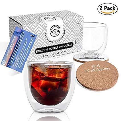 Elegant Double Walled Glass Tumbler - Set of 2-8.5oz - Stylish Double-Wall Glass Mugs Keep Drinks Hot or Cold - Perfect Cup to Enjoy Espresso, Cappuccino, Coffee and Your Favorite Cold Beverages