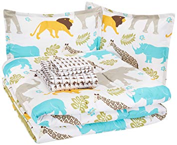 AmazonBasics Easy Care Super Soft Microfiber Kid's Bed-in-a-Bag Bedding Set - Full / Queen, Multi-Color Zoo Animals