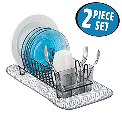 mDesign Kitchen Accessory Set, Compact Dish Drainer, Mini Dish Drying Mat - Set of 2, Black/Gray