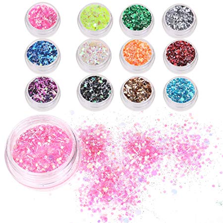 Glitter Nabance 12 Colors Festival Glitter Gorgeous Chunky Glitter Cosmetics Glitters Set- Body Glitters for Hair Face Eyes Sparkling Makeup Nail Art Decoration